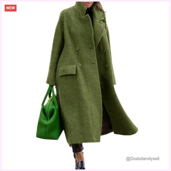 Jackets & Blazers - Long Wool Pea Coat Double Breasted Notched Lapel Trench Overcoat Classic Elegant
